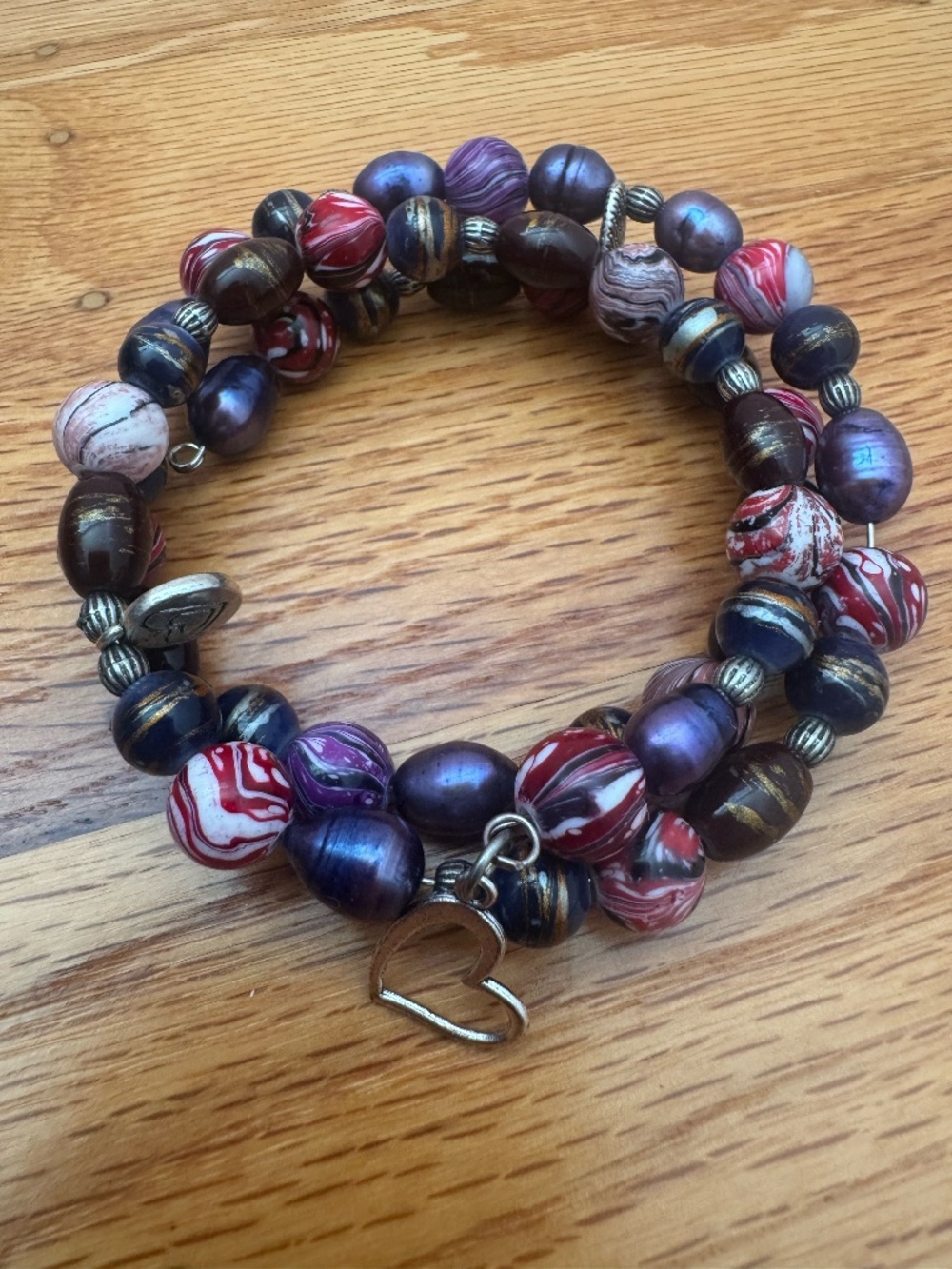 Multi-Row Beaded Memory Wire Wrap Bracelet Heart Charms Purple Pink Blue